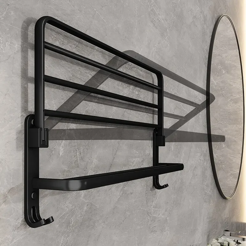 40/50/60CM Matte Black 50CM Folding Holder With Hook Towel Holder Wall Mount AluminumTowel Rack Double layer/single layer