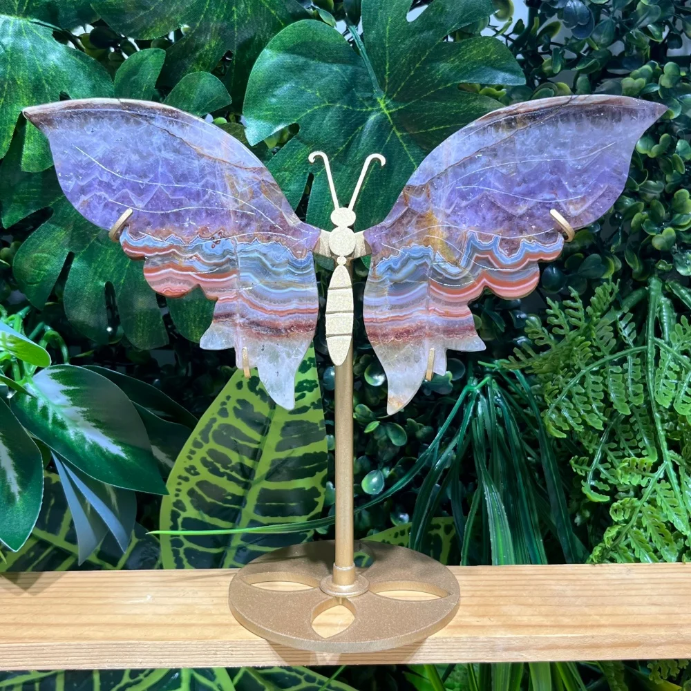 Natural Amethyst Geode Butterfly Wing Statue with Metal Stand Crystal Butterfly Figurine Reiki Healing Stone Home Desk Ornament