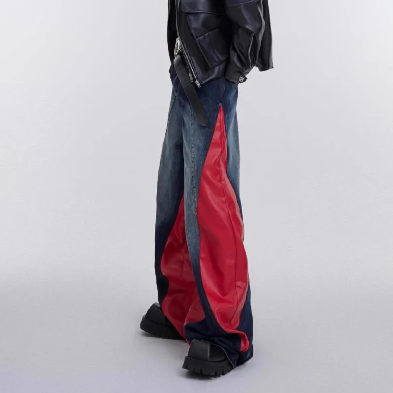 HKSH 2026 Autumn Winter New Men Niche Washed Patchwork Color-Block Jeans PU Leather Chic Deconstructed Loose Denim Pants HK23175