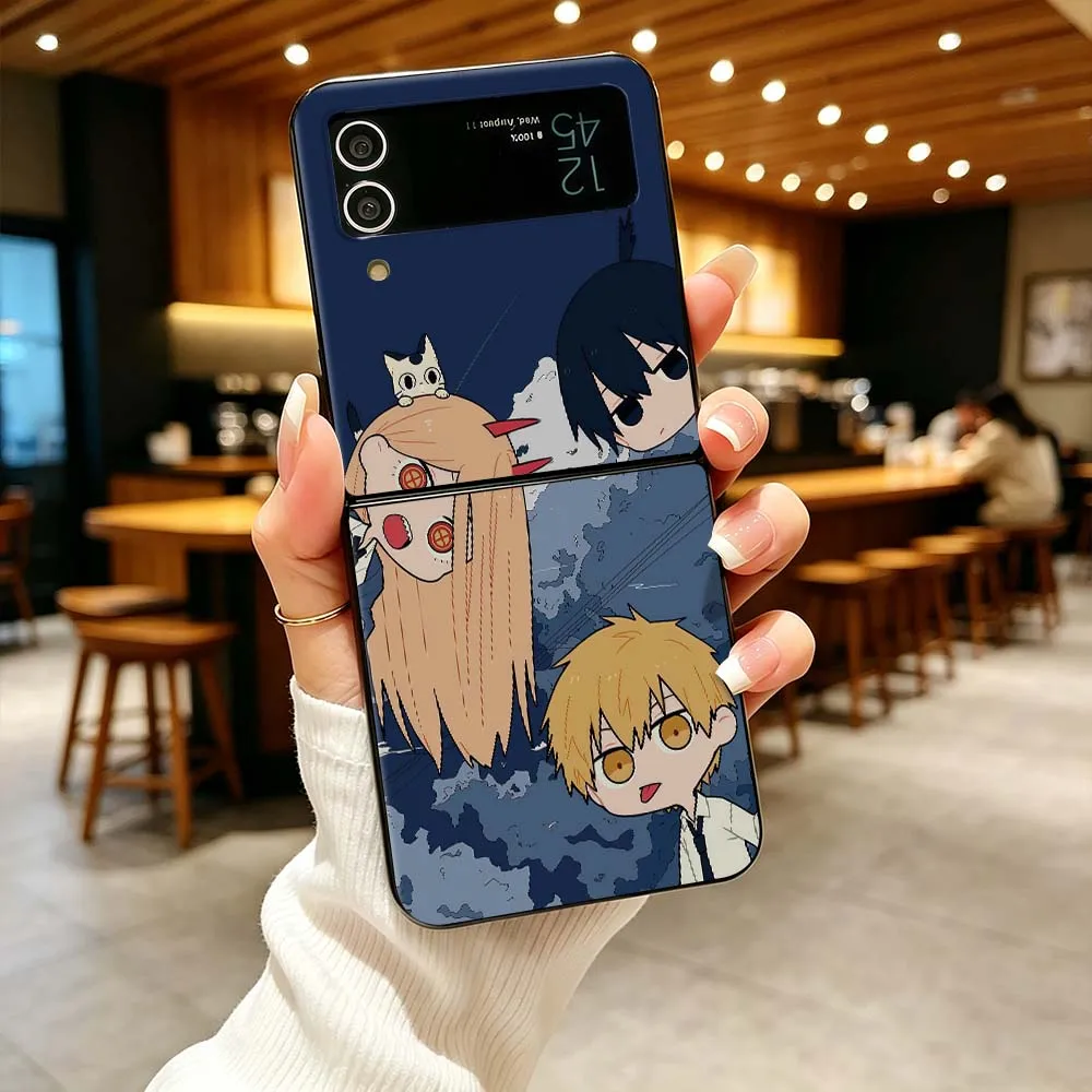 Cartoon Chainsaw Man Phone Case For Samsung Galaxy Z Flip 3 4 5 6 7 5G Matte Non-slip PC Shockproof Black Hard Cover