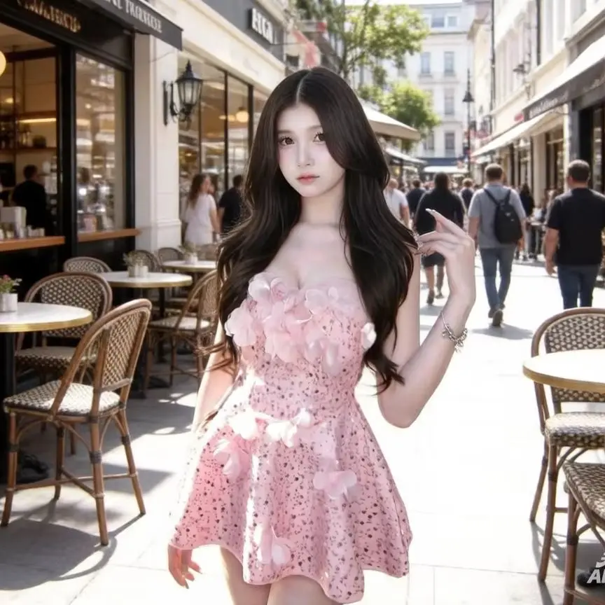 

New Sweet Pink 3D Flower Sequin Mini Dress Women Strapless Sleeveless Sparkly Party Dress Birthday Aesthetic Ever Pretty