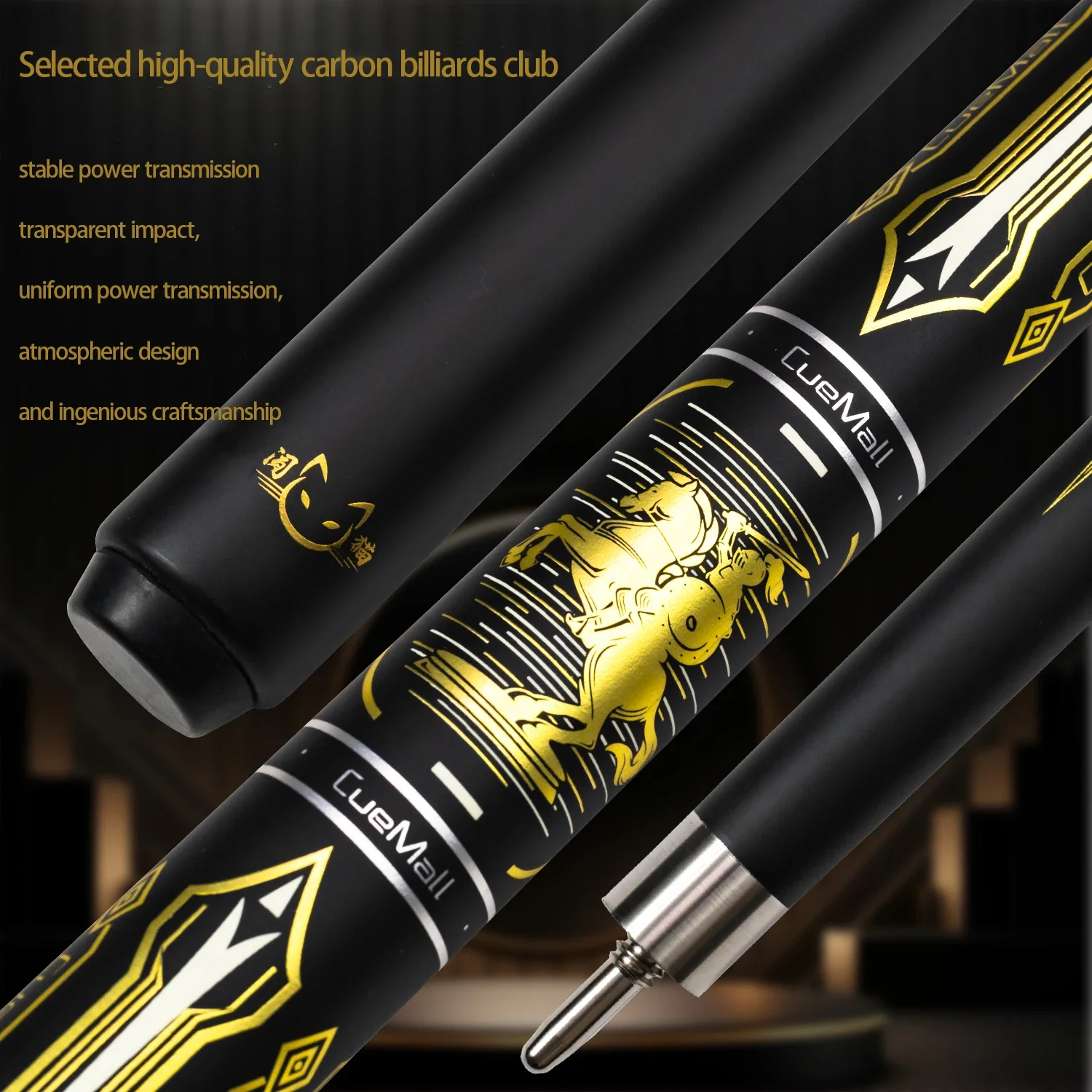 Professional Pool Cue Stick with Fiberglass Low Deflection Shaft & Hard Maple Handle - Gold Horse Totem Design for Advanced Play