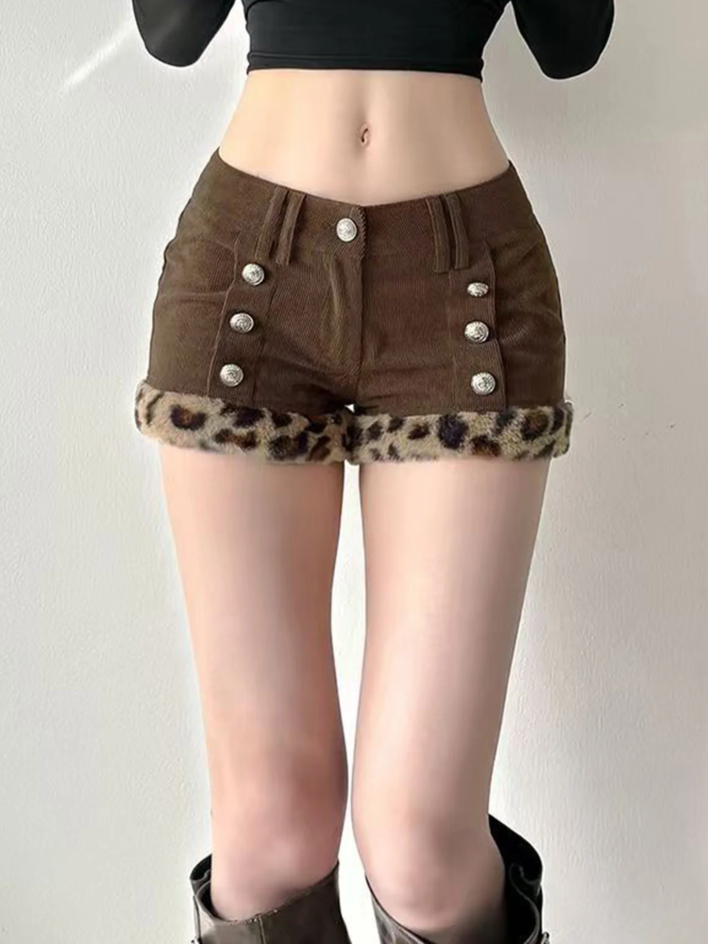 

Retro Corduroy Leopard Print Patchwork Furry orts Low Waist Women's Super ort Boot Pants Warm Casual Trousers for Ladies