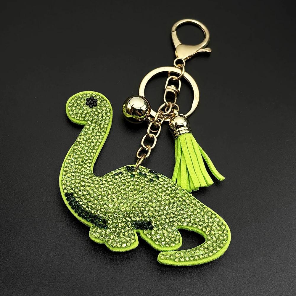

Two Kawaii Dinosaur Animal Keychain Women Men Orange Green Color Rhinestone Tassel Female Charm Bag Decoration Key Ring Jewelry