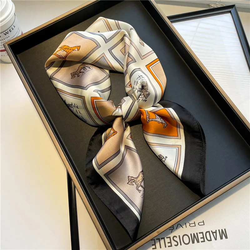 Luxus Seidenschal Quadratischer Schal für Frauen Satin Mode Wraps Halstuch Weibliche Haarbänder Band Stirnband Bandana 70X70CM