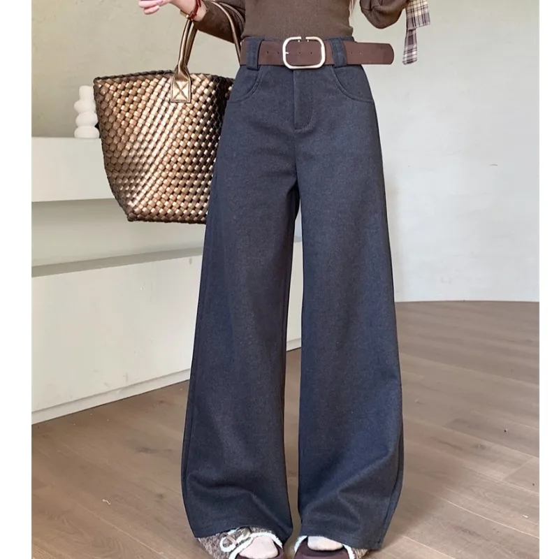 Thiened Woolen High Waist Wide Leg Pants Retro Korean Sle plus Size Versatile Long Trousers Autumn Winter New Arrival