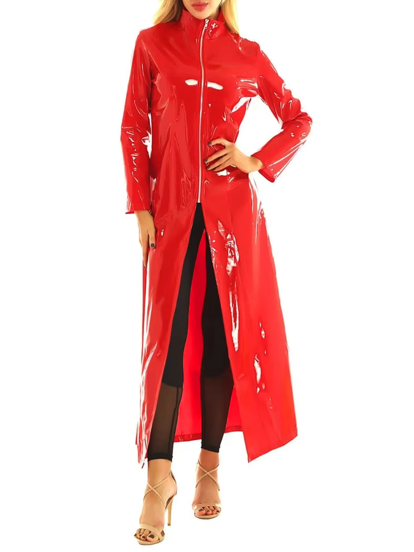 Damen Sexy Glänzender Wet-Look PU-Leder Langer Trenchcoat mit Hohem Kragen und Reißverschluss Vorne Clubwear Party Streetwear Kunstleder-Mantel Neu – Detail 7