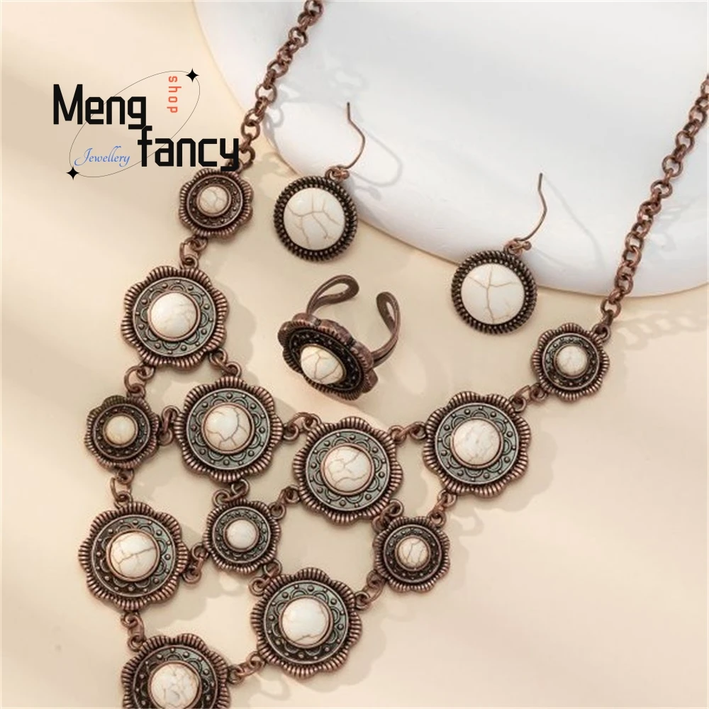 البوهيمي خمر متعدد الطبقات جولة الأبيض الصنوبر والأزرق الصنوبر قلادة أقراط خاتم مجموعة مجوهرات الأزياء الأنيقة رائعة