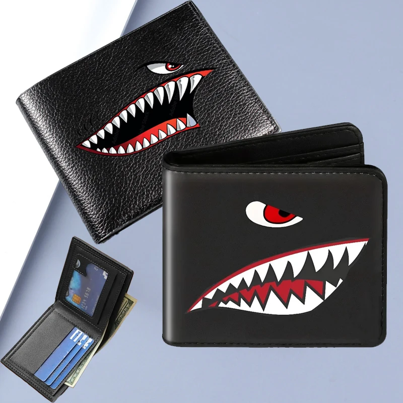 Men's Black Faux Leather Wallet with Shark Mouth Design Slim Credit Card Holder Coin Purse Multi-Color Pen Storage Perfect Gift