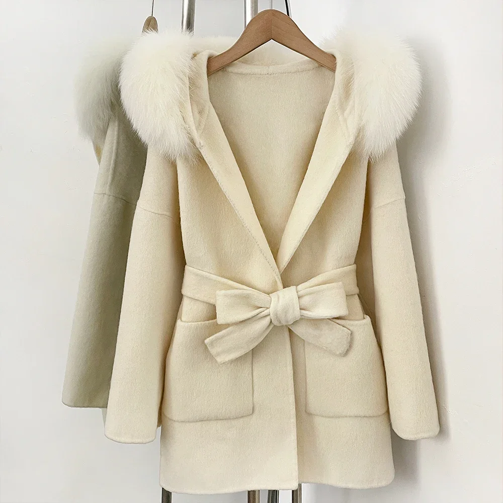 OFTBUY 2025 Neue Herbst-Winter-Oberteile für Damen mit Kapuze, Naturfellkragen, 100% Wolljacke, Damenmantel mit Gürtel aus echtem Fuchsfell. – Detail 11