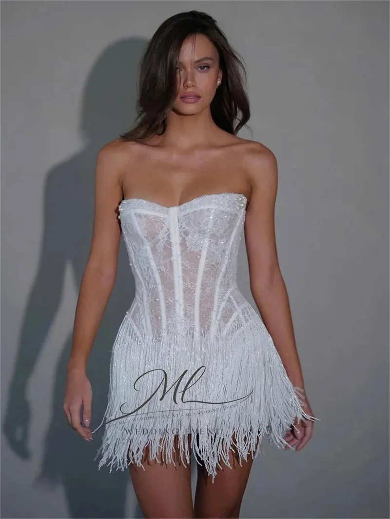 ML Customized White Lace Tassel Sweetheart Mini Prom Dress Short Evening Gowns Lace-up Back Wedding  Dresses 2026 Reception