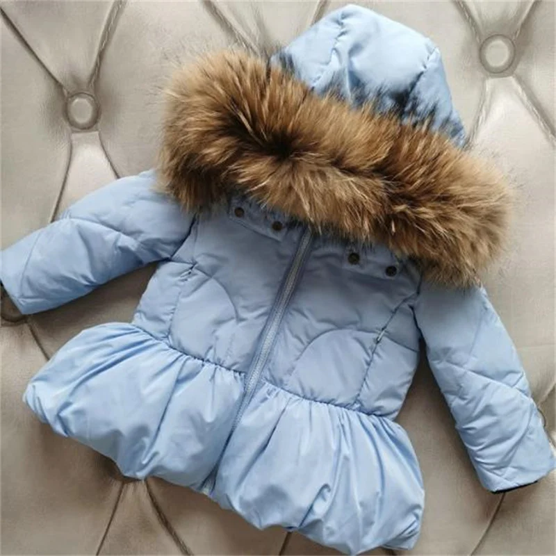 Fur Colla Children\'s hooded down jacket winter suit long thick outerwear duck down jackets a line zipper