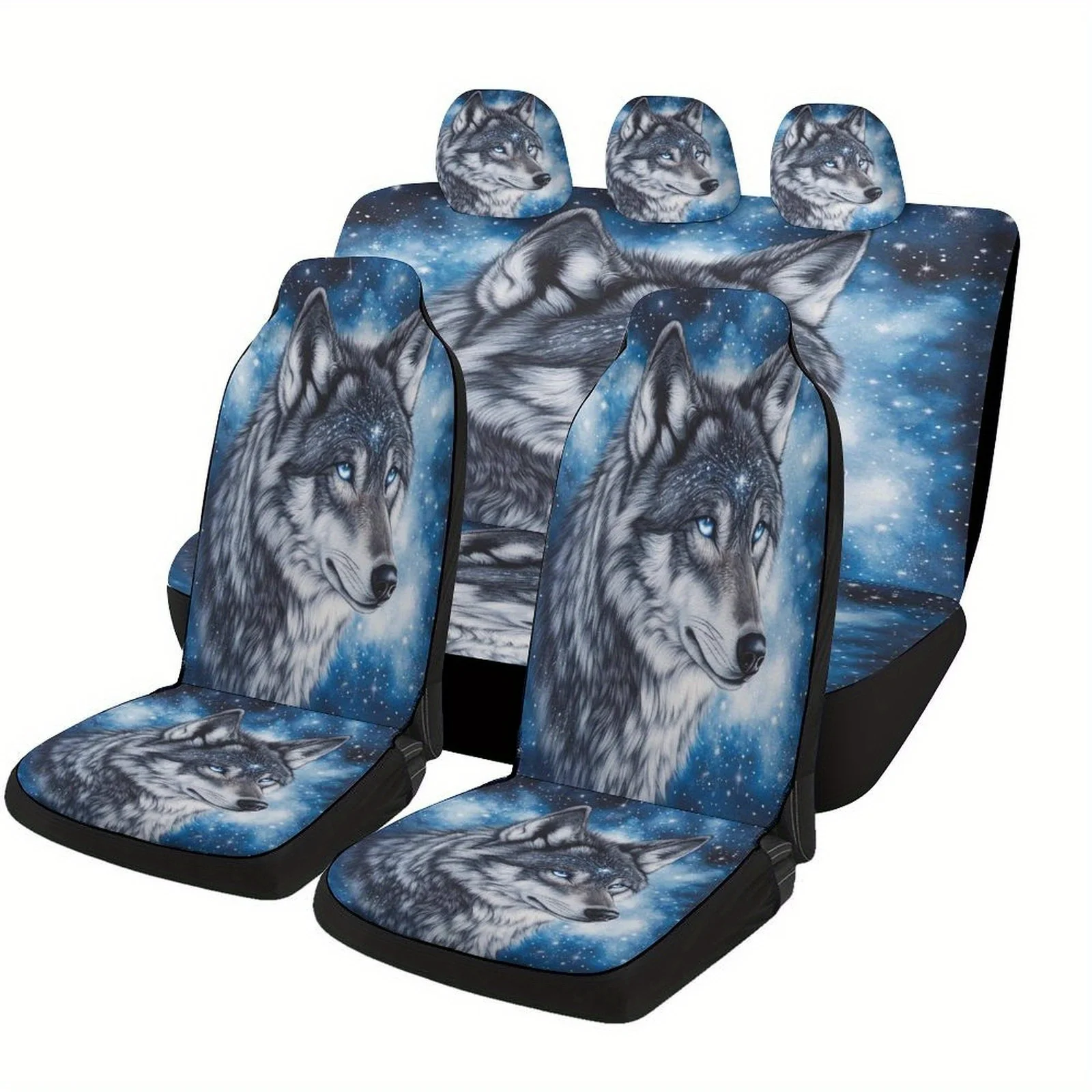 Wolf In Stars Designed Car Seat Cover Set For Most Cars, Trendy High-quality Car Seat Protector Covers Full Set, Universal Car