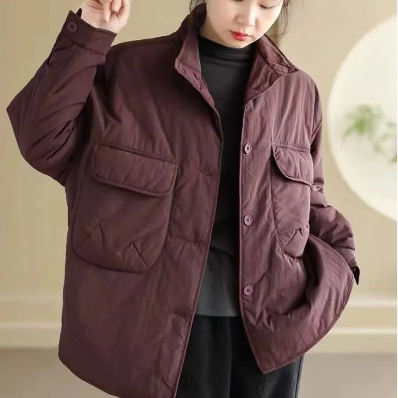 Women's Leisure Cotton-padded Jacket Outerwear Autumn Winter 2024 Shirt Style Loose Workwear Lightweight Cotton Jacket Women