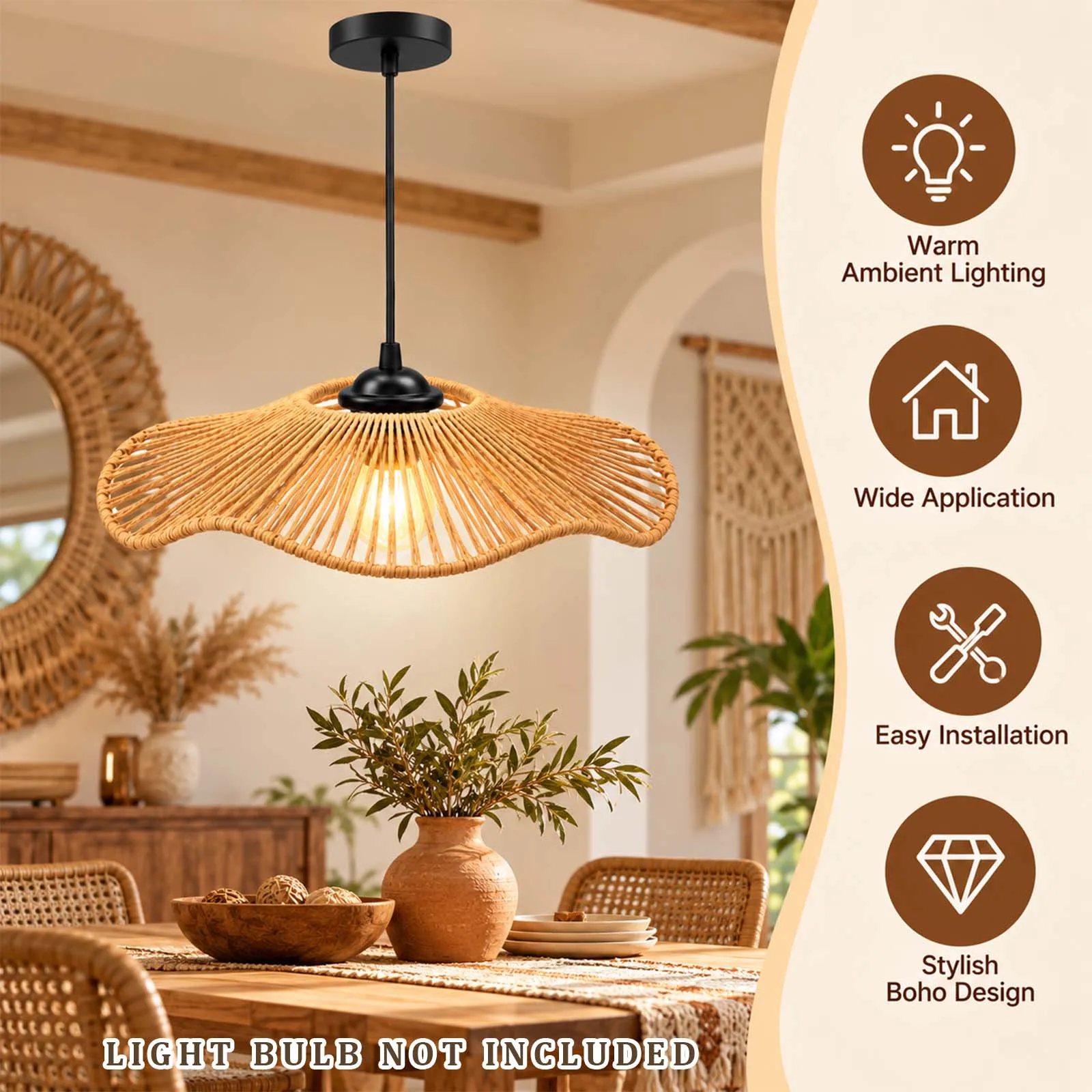 Chandelier, Straw Hand-Woven Pendant, Umbrella Shape, Radial Weave, E27, Japandi, Bedroom Foyer