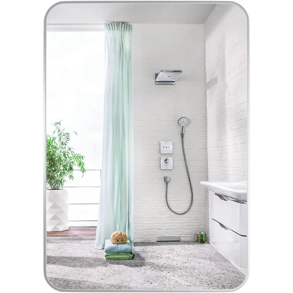

Wall Mirror Bathroom Mirror, 20 x 28 Inch Silver Recular Mirror with Alloy e, Rounded Hanging Mirror Decor or Entryway, Bedroom,