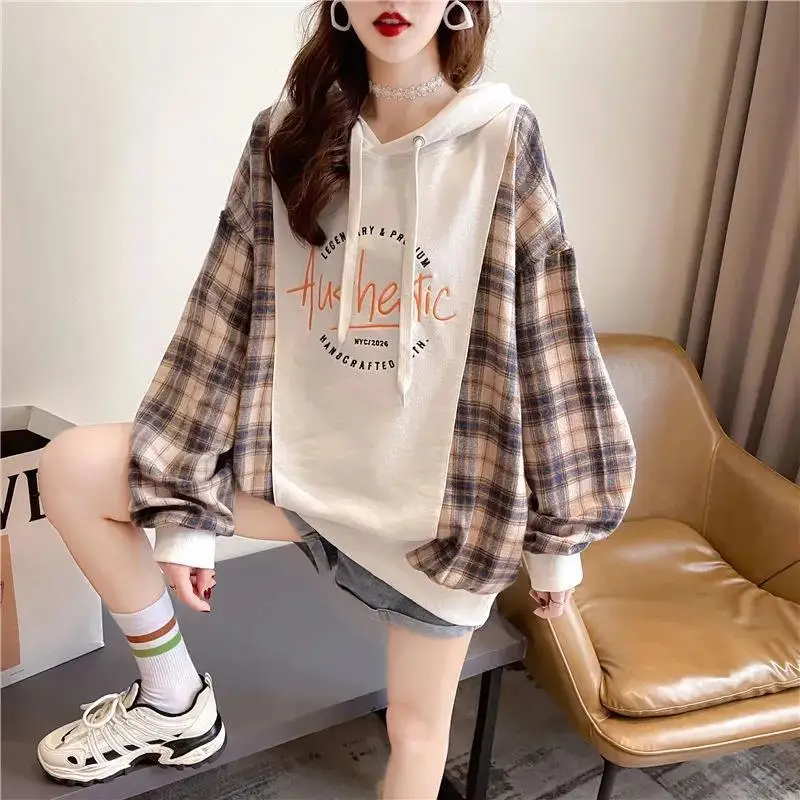 Printing Patchwork Streetwear Fashion Loose Casual Autumn Winter Thin Long Sleeve Hooded Sweatshirts Pullovers Women Clothing