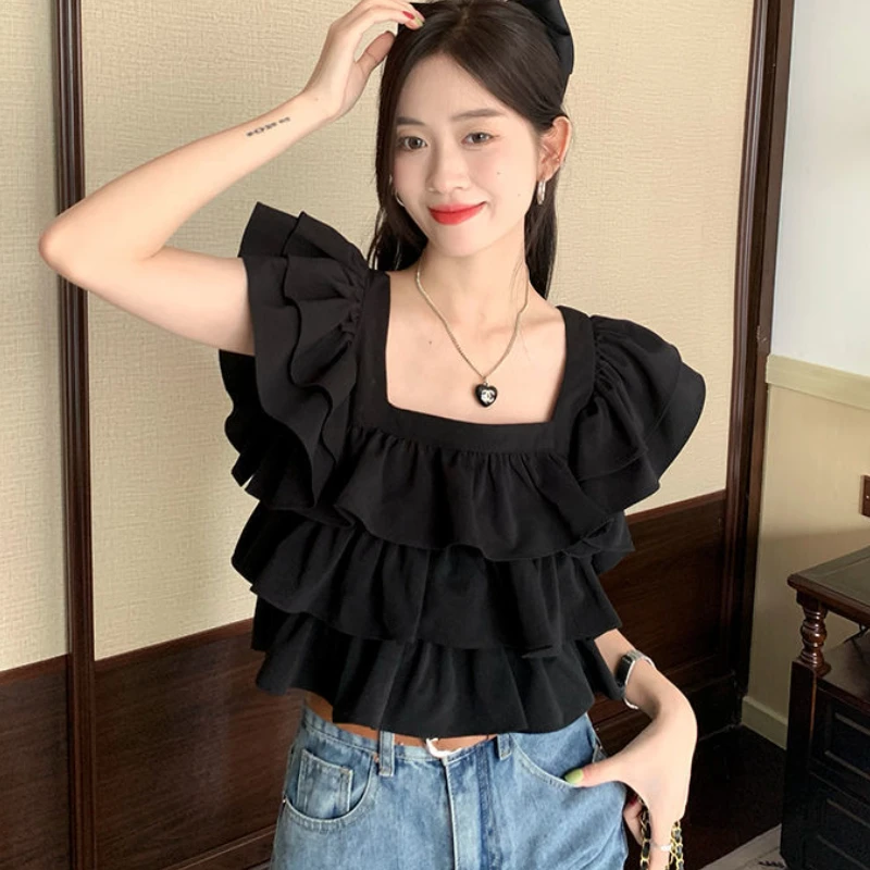 Flying Sleeve Blouses Women Ruffles Sweet Summer Crop Tops Fashion Elegant Square Collar Female Holiday Korean Style All-match