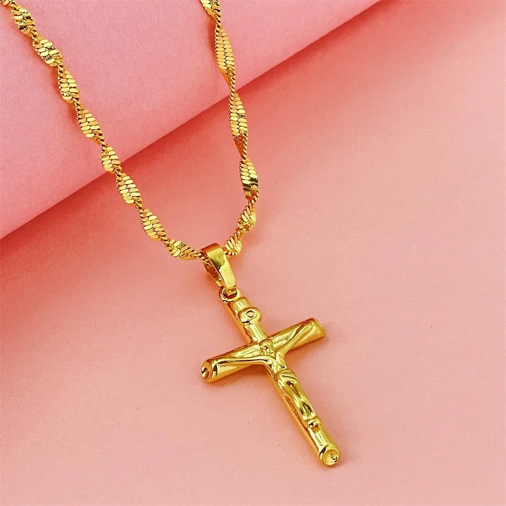 

24K Gold AU999 Necklace | 3D double - layer cross, stacked with pearl chain, elegant & layered