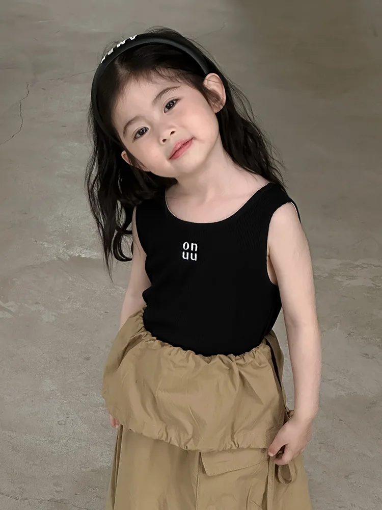 2024 Summer New Children Sleeveless Knit T Shirts Cotton Kids Girls Embroidery Letter Vest Baby Bottoming Tops Toddler Clothes