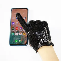 Women's Touch Screen Leather Gloves Black Sheepskin Crocodile Pattern High Gloss Fashion Zipper Wool Lining Driving Gloves