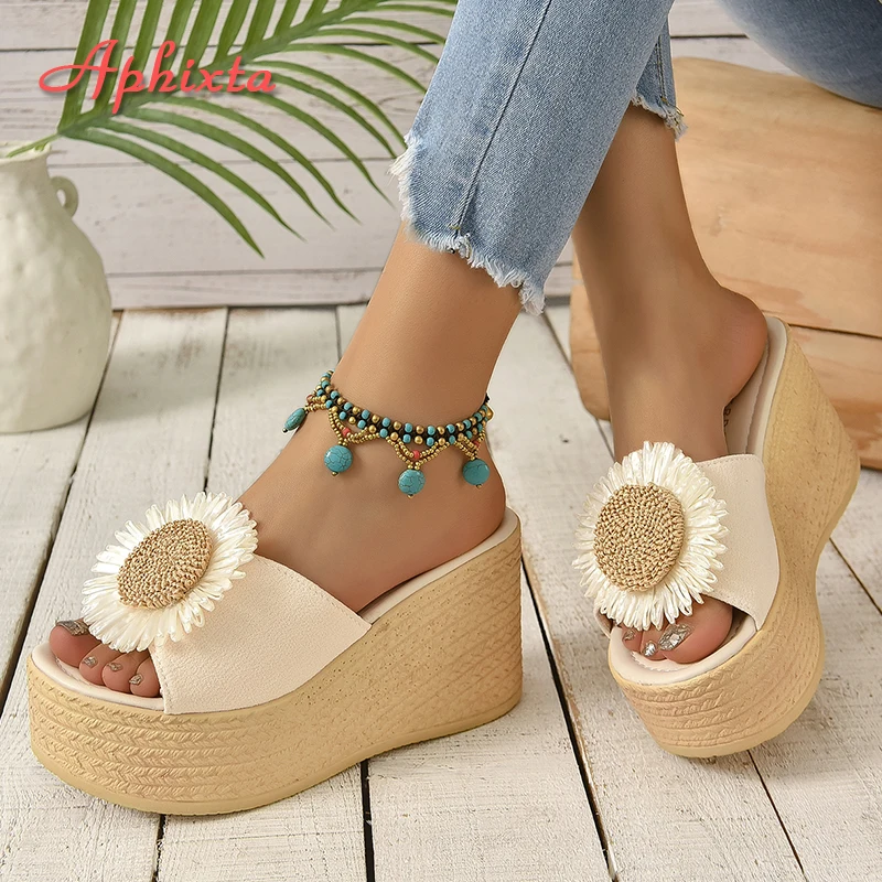 Aphixta Beige Summer 9cm Wedge Heels Slippers Women Bohemian Sunflower Mulers 4cm Platform Sandals Clog Shoe Slides Plus Size 43