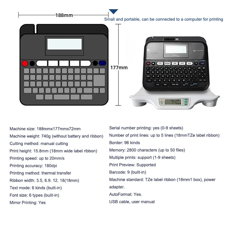 Heat shrink tube printing label printer PT-D450 Power cable barcode computer labeling machine 6-18mm