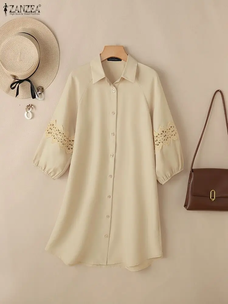 فستان نسائي مخرم مزين بالدانتيل موضة ربيع 2026 3/4 كم فانوس بياقة بطول الركبة ملابس نسائية من ZANZEA