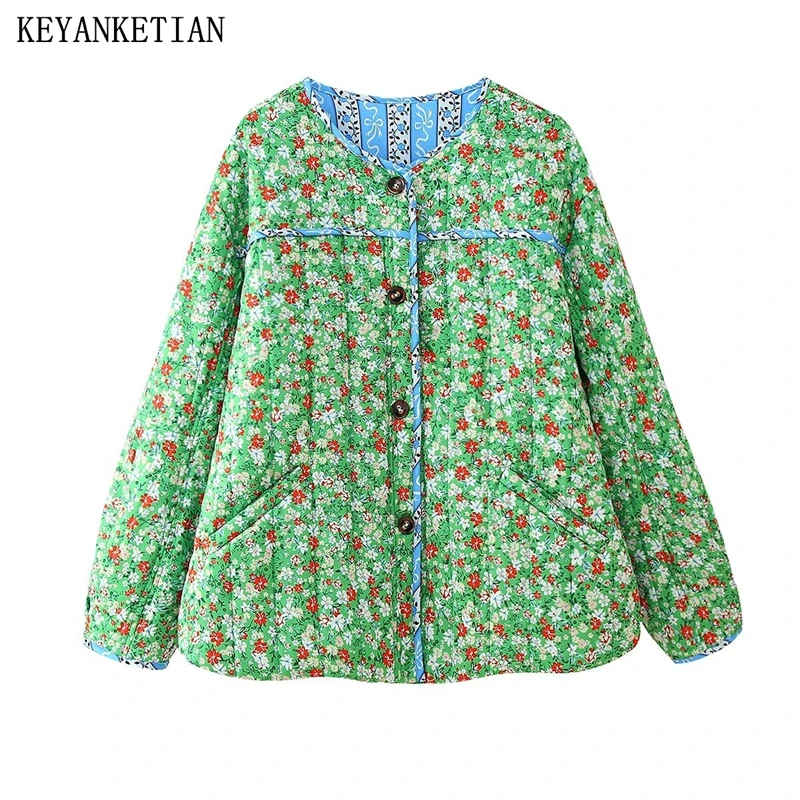 

KEYANKETIAN 2024 New Women's Reversible Print Quilted Outwear Jacket Autumn/Winter Pastoral style Single Breasted Loose Coat Top