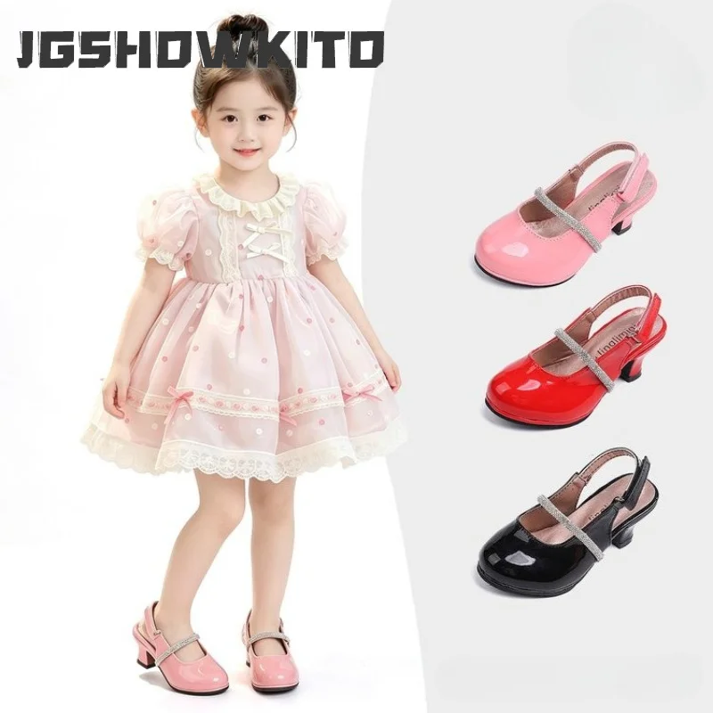 JGSHOWKITO Summer Elegant Girl Rhinestone Slingback Princess Non-slip Low-heel Kids Dress Sandals Wedding Party Children Sandals