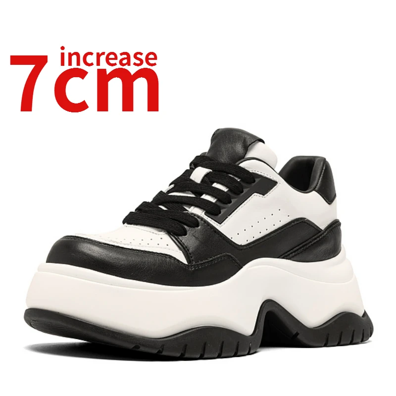 

Thick-soled Dad's Shoes for Women Increase 7cm Spring Breathable Cowhide Sports Casual Shoes Comfortable Black/white Panda Shoes