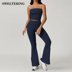 Ubrania damskie 2 szt. Strój do jogi na siłownię zestaw sportowy dres do ćwiczeń oddychający seksowny biustonosz Fitness Bell-bottoms legginsy odzież sportowa