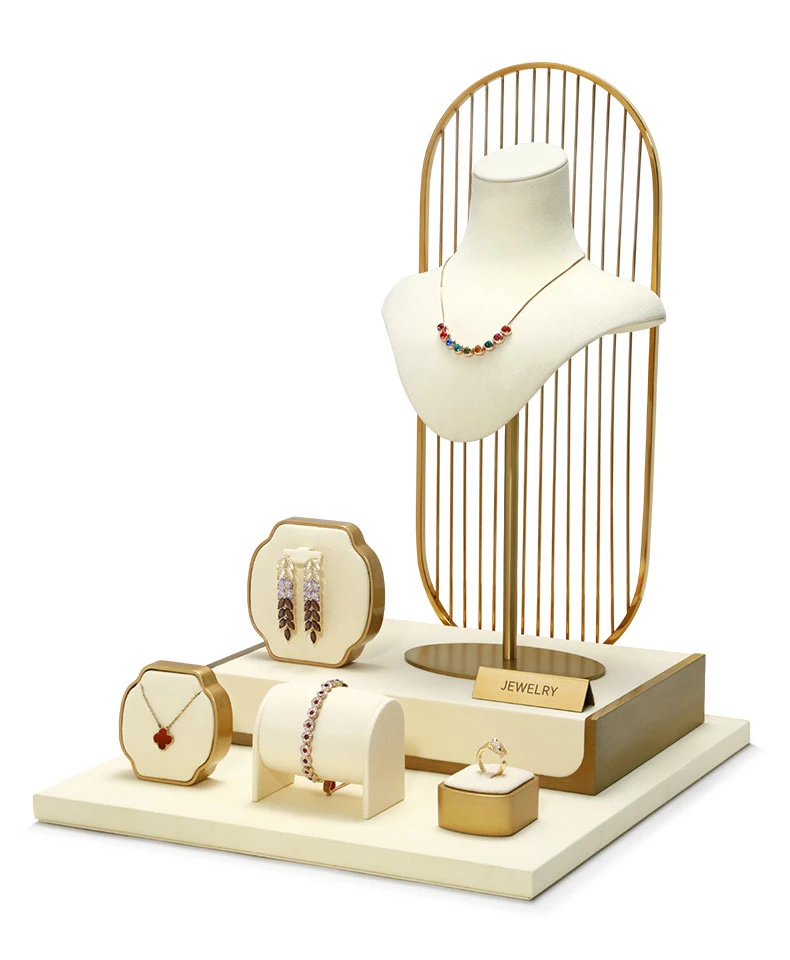 Jewelry Exhibitor Set Display Stand Beige Props for Jewelry Store Counter Window Display Necklace Earrings Organizer Showcase