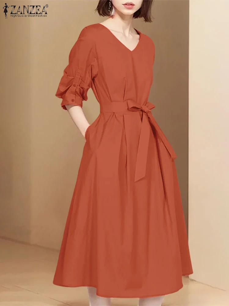 

ZANZEA Fashion Belted Midi Dresses Women Casual V-Neck Half Sleeve Fitted Waist A-Line Robes Femme Loose Casual Vestidos Mujer