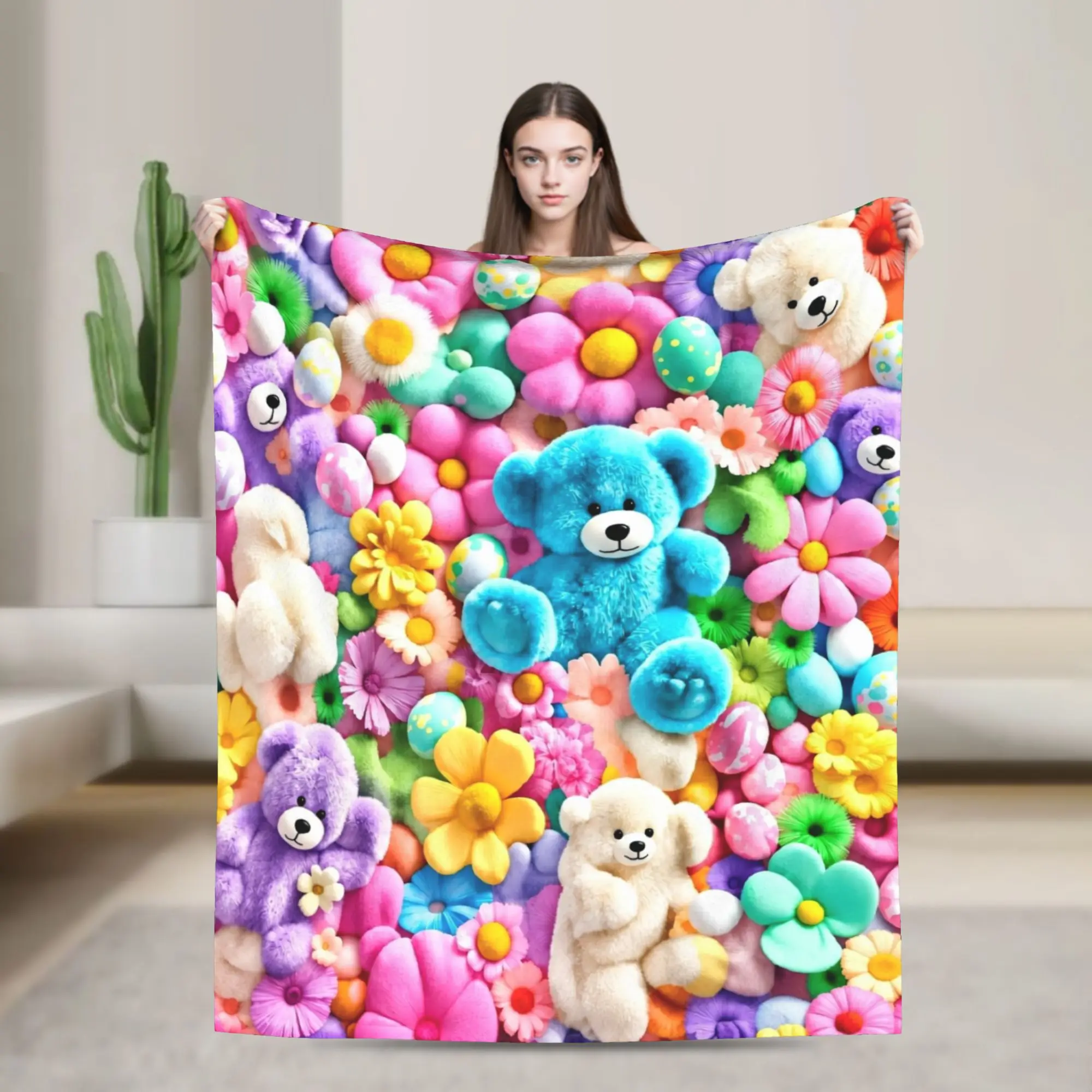 3D Teddys Bear Sweet Cartoon Lovely Blanket Candy Flower Plush Awesome Warm Throw Blanket for Home Autumn/Winter