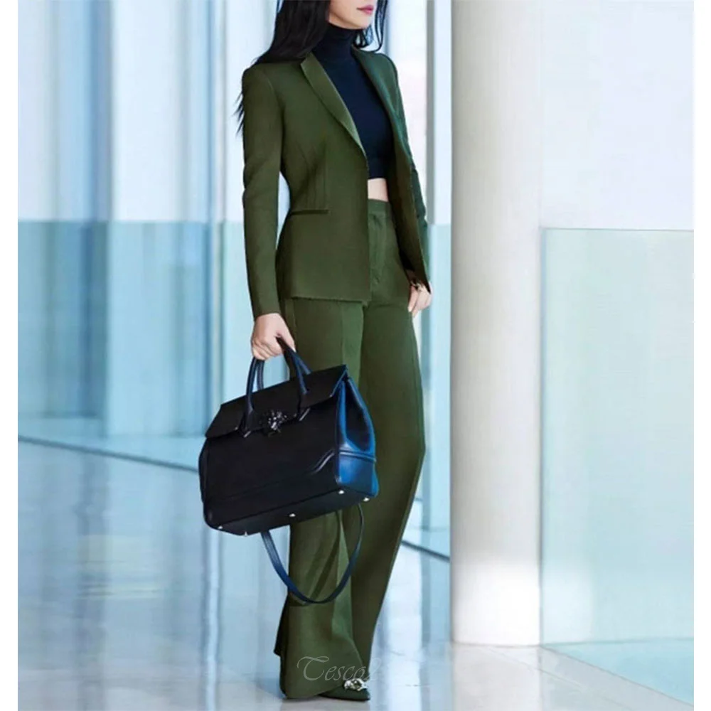 Tesco-Costume militaire vert pour femme, blazer et pantalon droit, ensembles pantalons de luxe pour dames, ensembles de bureau décontractés