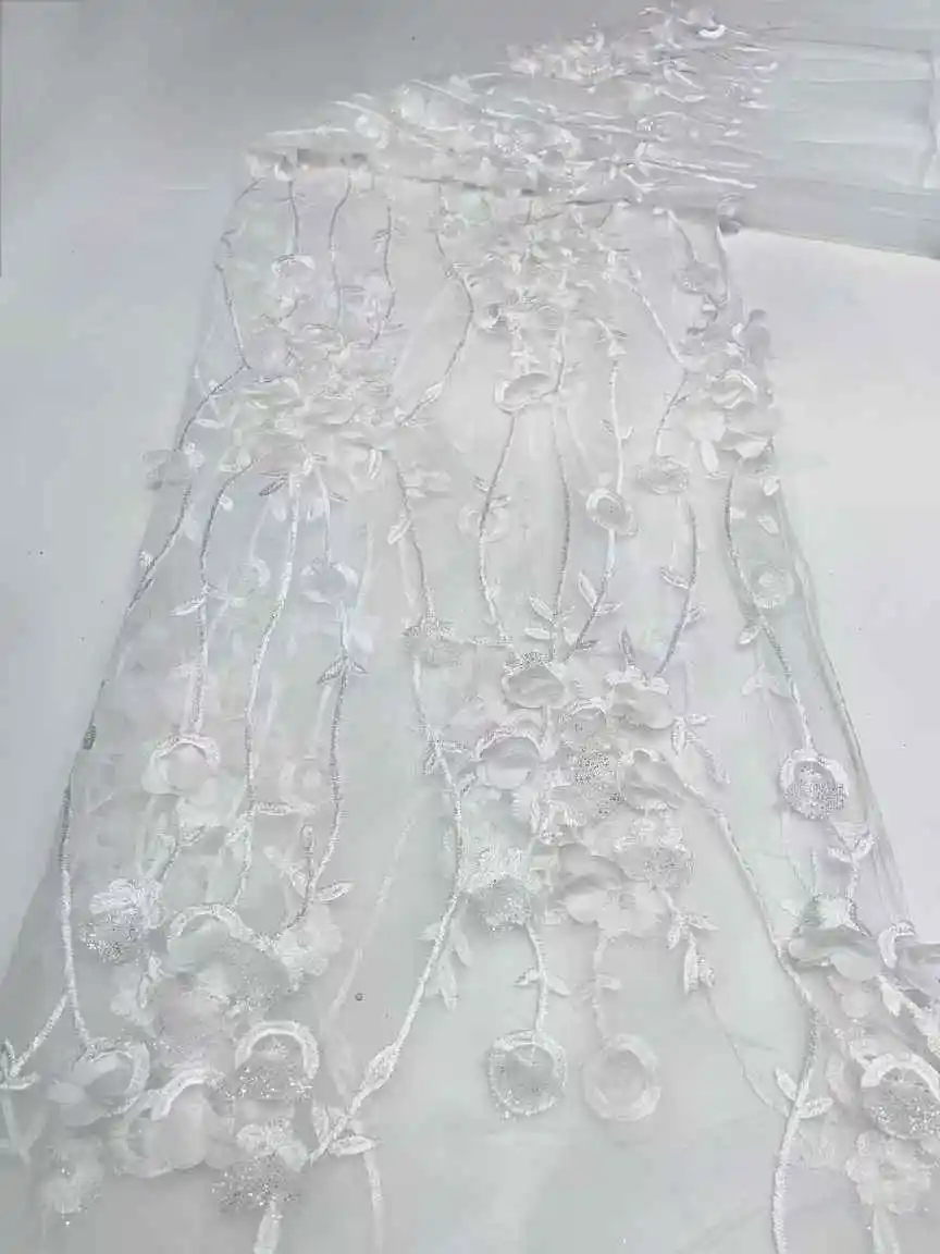Tela de encaje 3D de lujo, última tela de encaje de lentejuelas de tul, apliques bordados 2025, tela de encaje nigeriano africano para costura de vestidos