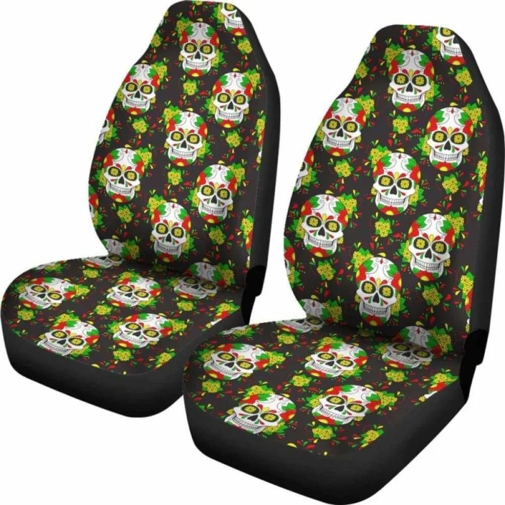 Set Of 2 Floral Sugar Skull Day Of The Dead Car Seat Covers,Pack of 2 Universal Front Seat Protective Cover