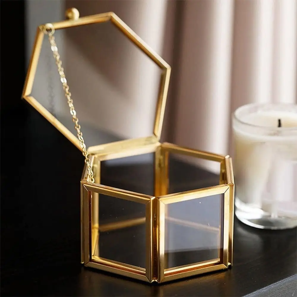 Nordic Jewelry Storage Box With Lid With Chain Geometric Jewelry Display Box Light Luxury Hexagon Earring Box Jewelry Storage