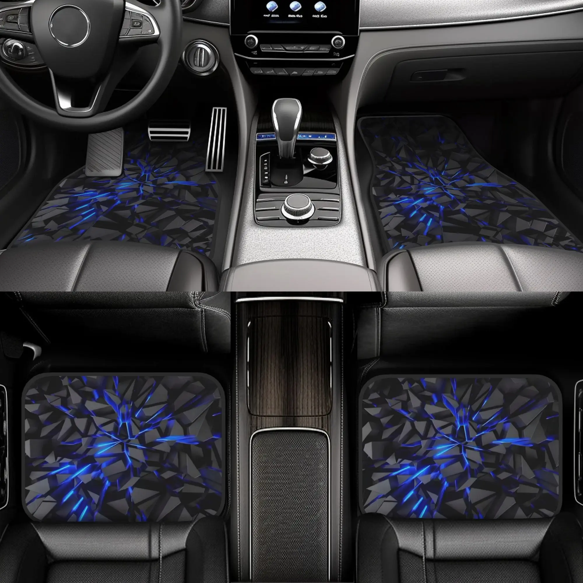 Set Of 4 Blue Geometric-Patterned Car Floor Mats That Are Stylish And Easy To Clean. They Fit Universally In For All Vehicle Mod