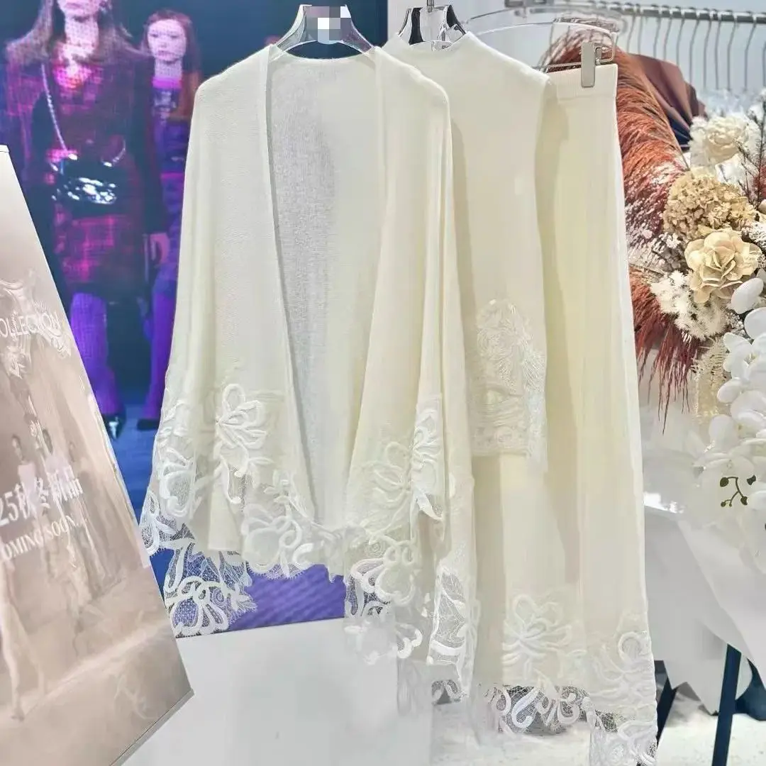 

Women Lace Embroidery Knitted set Elegant fashion Shawl + Elastic Waist A-Line Long Skirt