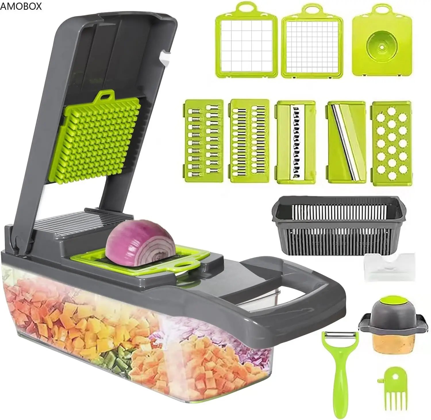 

AMOBOX-Vegetable Chopper Cutter, Slicer, Multifunctional, Food, Veggie, Salad, Onion, Dicer with Container, 14 in 1