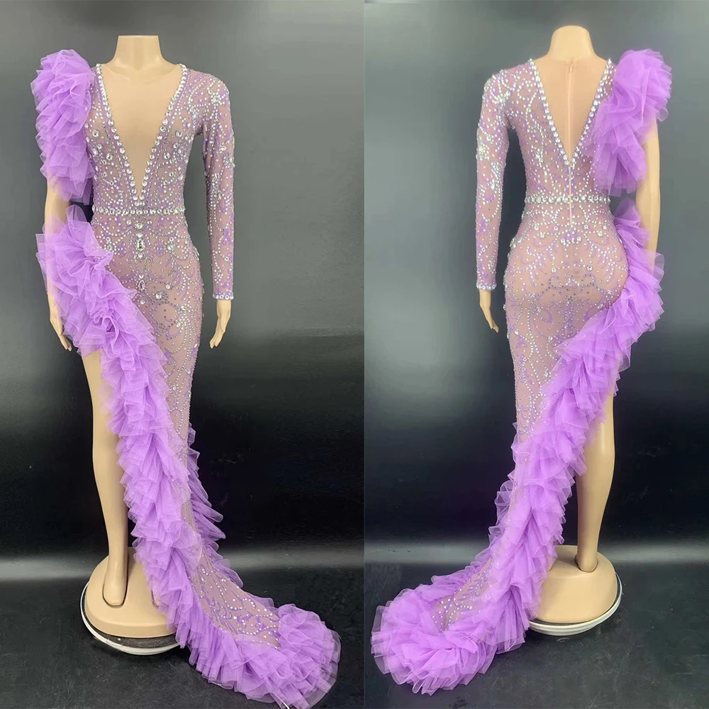 Sparkly Rhinestone Halter Dress For Women Carnival Outfit Floor-Length Cascading Ruffle V-Neck Performance Stage Samba Tango