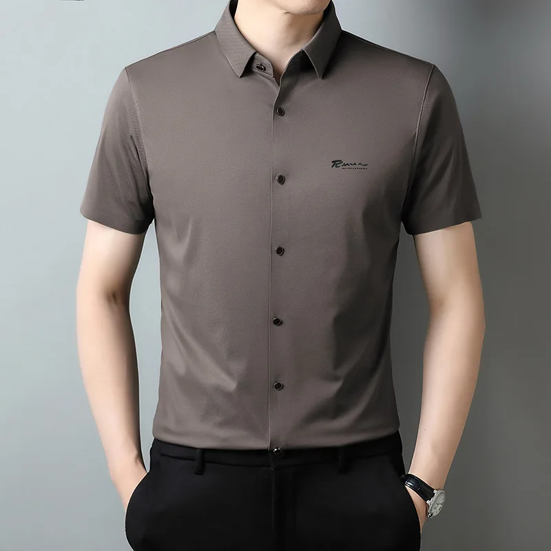 

High Quality Fabric Seamless Craft Summer Men's Solid Color Short Sleeve Shirt Business Casual Breathable Stretch