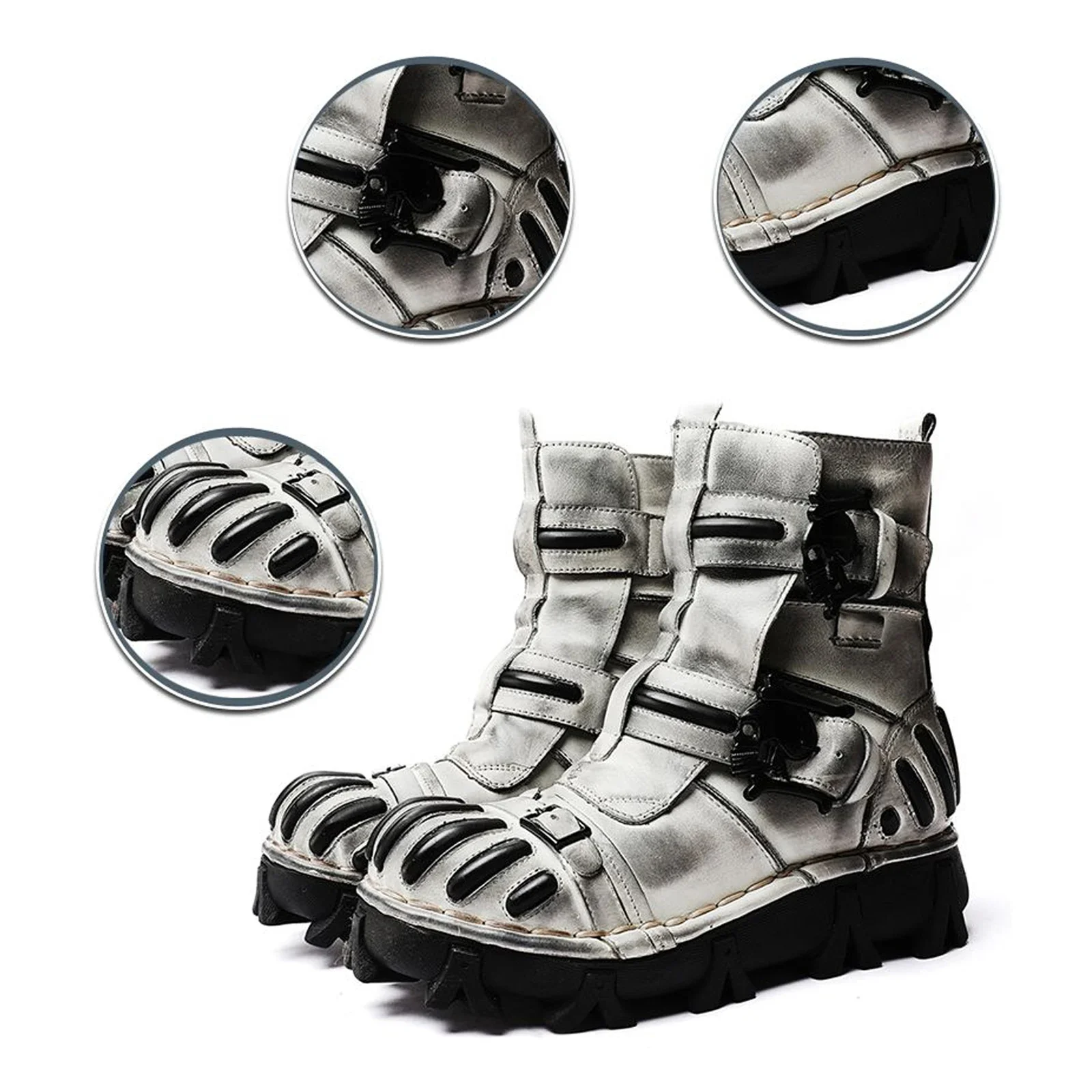 Men's Genuine Leather Motorcycle Boots Mid-calf High Top Western Riding Boots Goth Skull Buckle Strap Punk Combat Boots Cat Claw