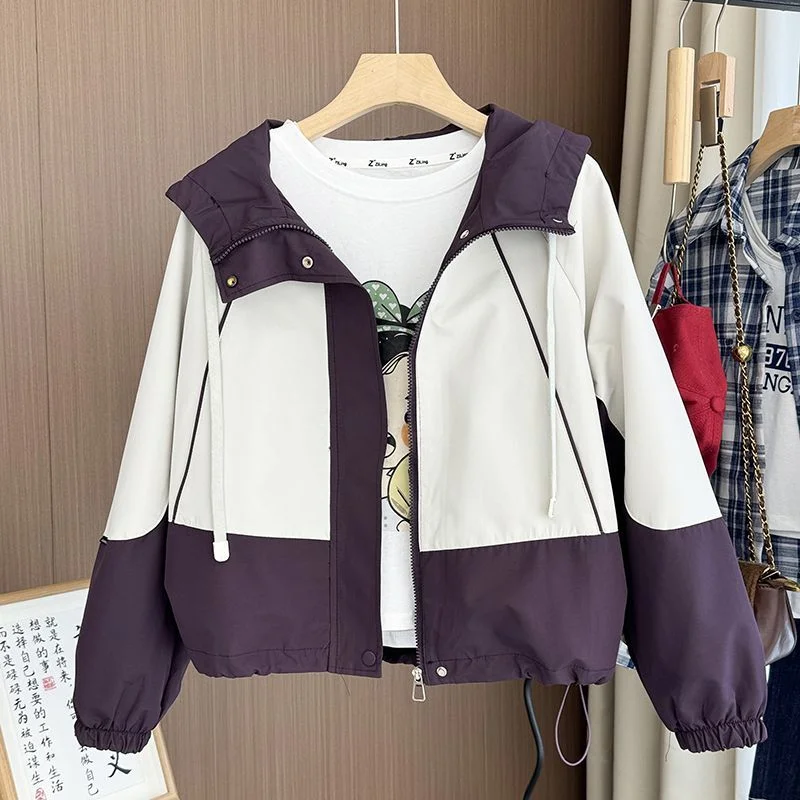 

Contrast Color Hooded Short Women 2025 Spring Autumn New Korean Loose Versatile Casual Storm Jacket