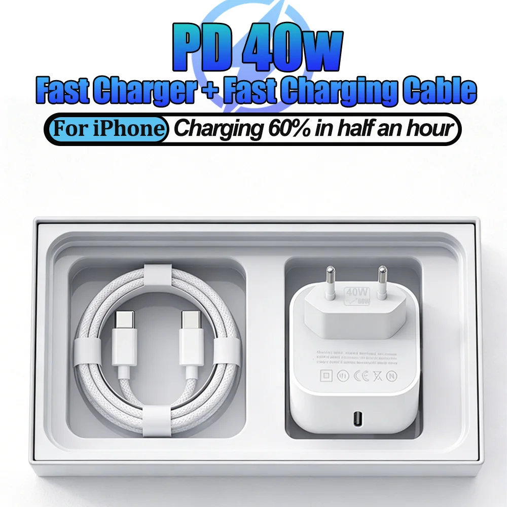 PD 40W For Apple Fast Charger For iPhone 17 16 15 14 13 12 11 Air Pro Max Type C Quick Charging Data Cable EU UK Plug Adapter