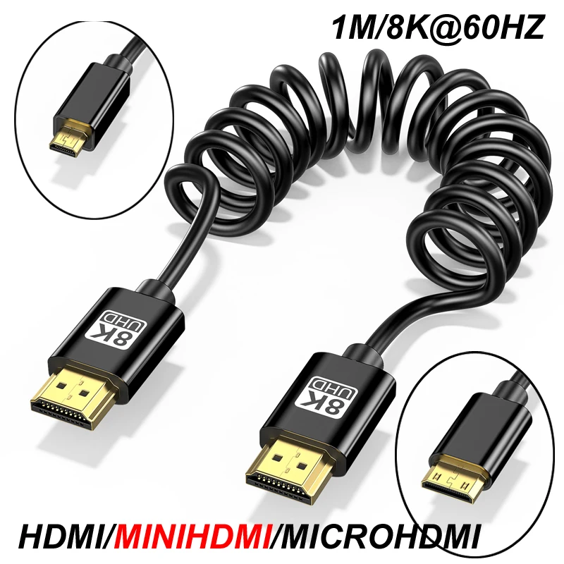 8K@60HZ High Speed HDMI-compatible 2.1 Mini/Micro Male Spring Cable for TV LCD HDTV Laptop PC PS4 Camera DV Monitor Display  New