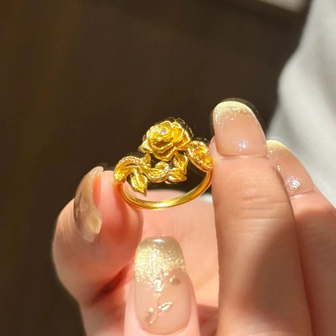 S925 Sterling Silver Ring Wrapped Rose Light Luxury Small Fresh Golden Flower Inlaid