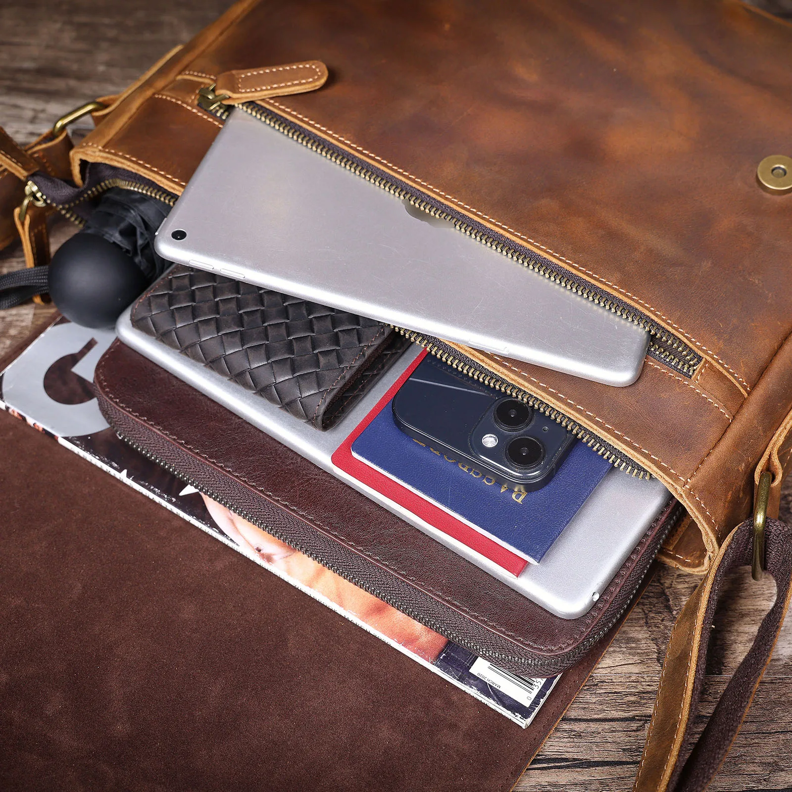 Vintage Herren-Aktentasche aus echtem Leder, 15-Zoll-Laptoptasche, Messenger-Taschen für Arbeit und Business, Crazy Horse Rindsleder-Handtasche für Männer, La – Detail 22
